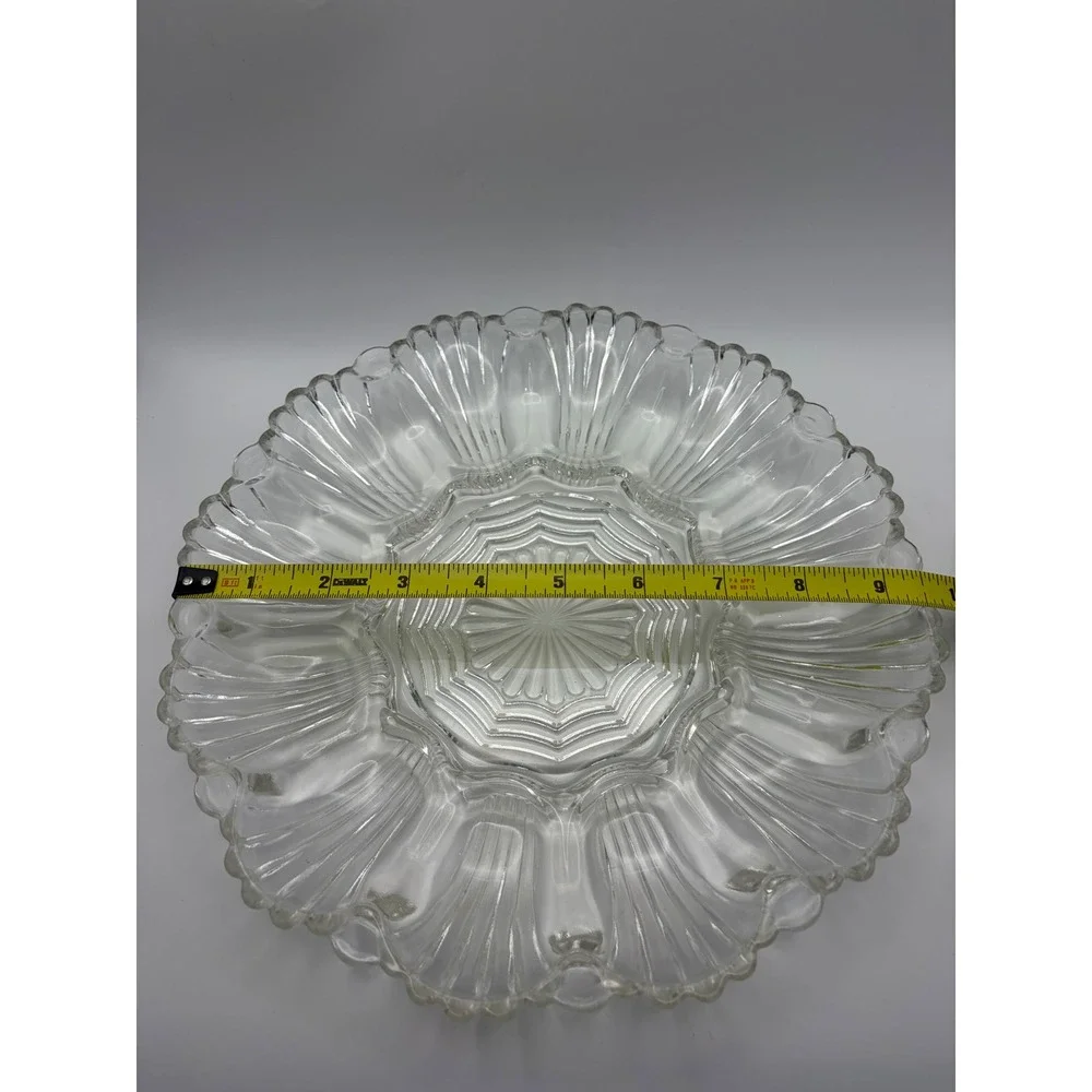 Vintage Clear Glass Deviled Egg Platter Scalloped Shell Design 9 Inch Round Tray